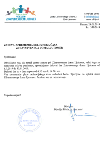 Spremenjen delovni čas v Zdravstvenem domu Ljutomer